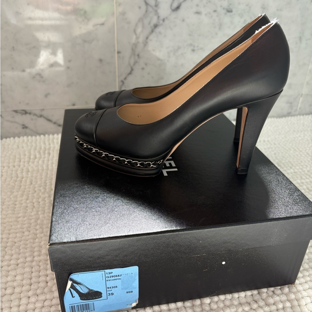 CHANEL Black Leather Platform Heels With Chain Detail